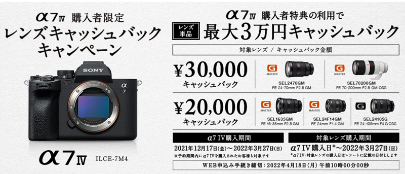 キャンペーン】ソニー、「α7 IV」と対象レンズ購入で最大3万円を 