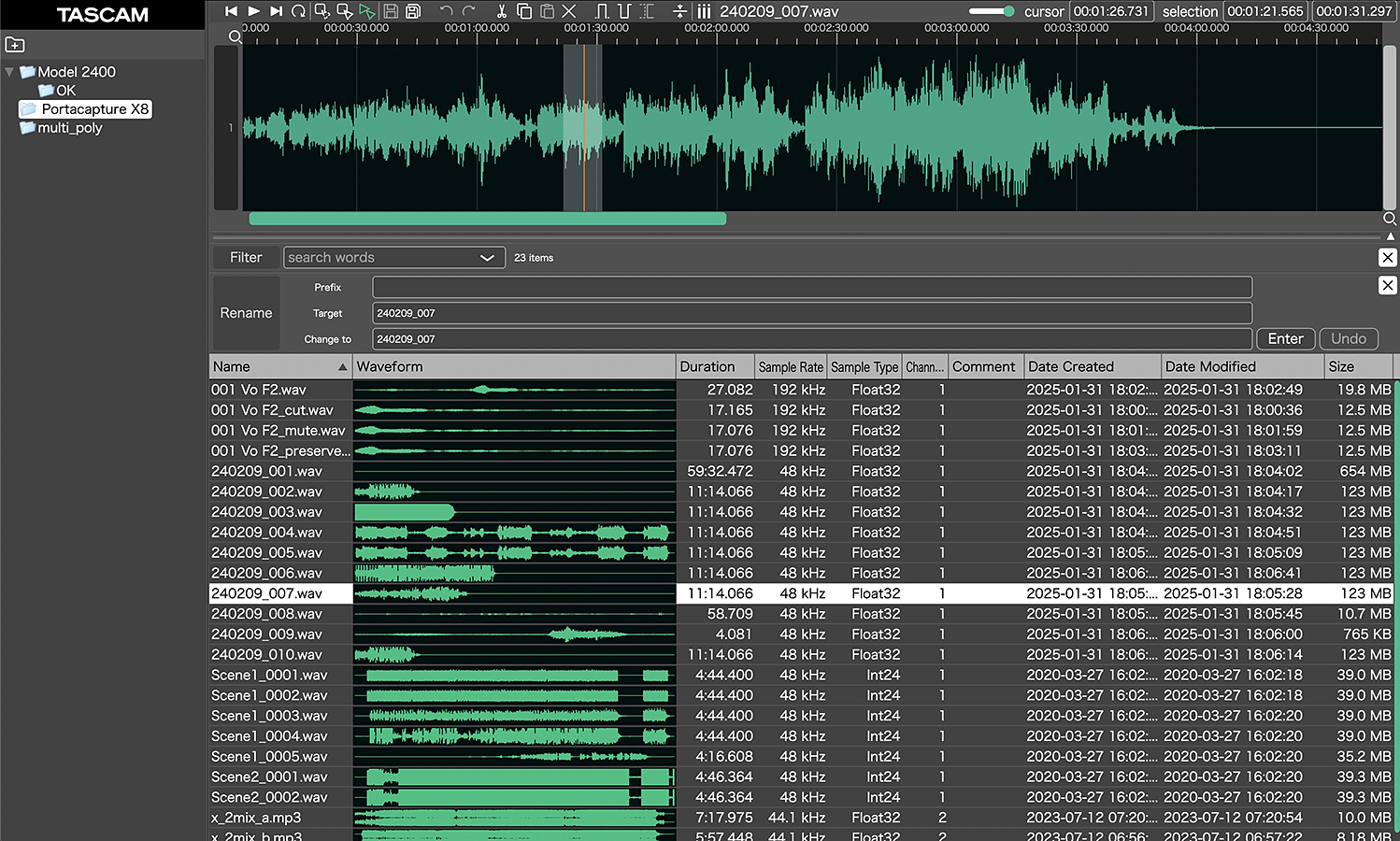 波形が見える音声ファイル管理アプリ「TASCAM Audio File Manager