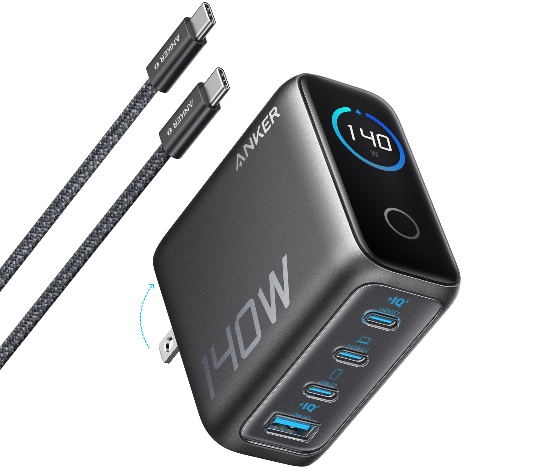 Anker、最大140W出力の4ポート急速充電器。状況確認用のディスプレイも