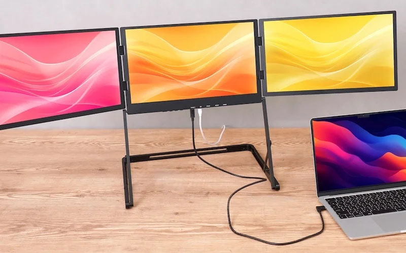 ノートPCにフルHDモニター3枚を増設　USB Type-Cケーブル1本で3画面出力、個別入力も可能