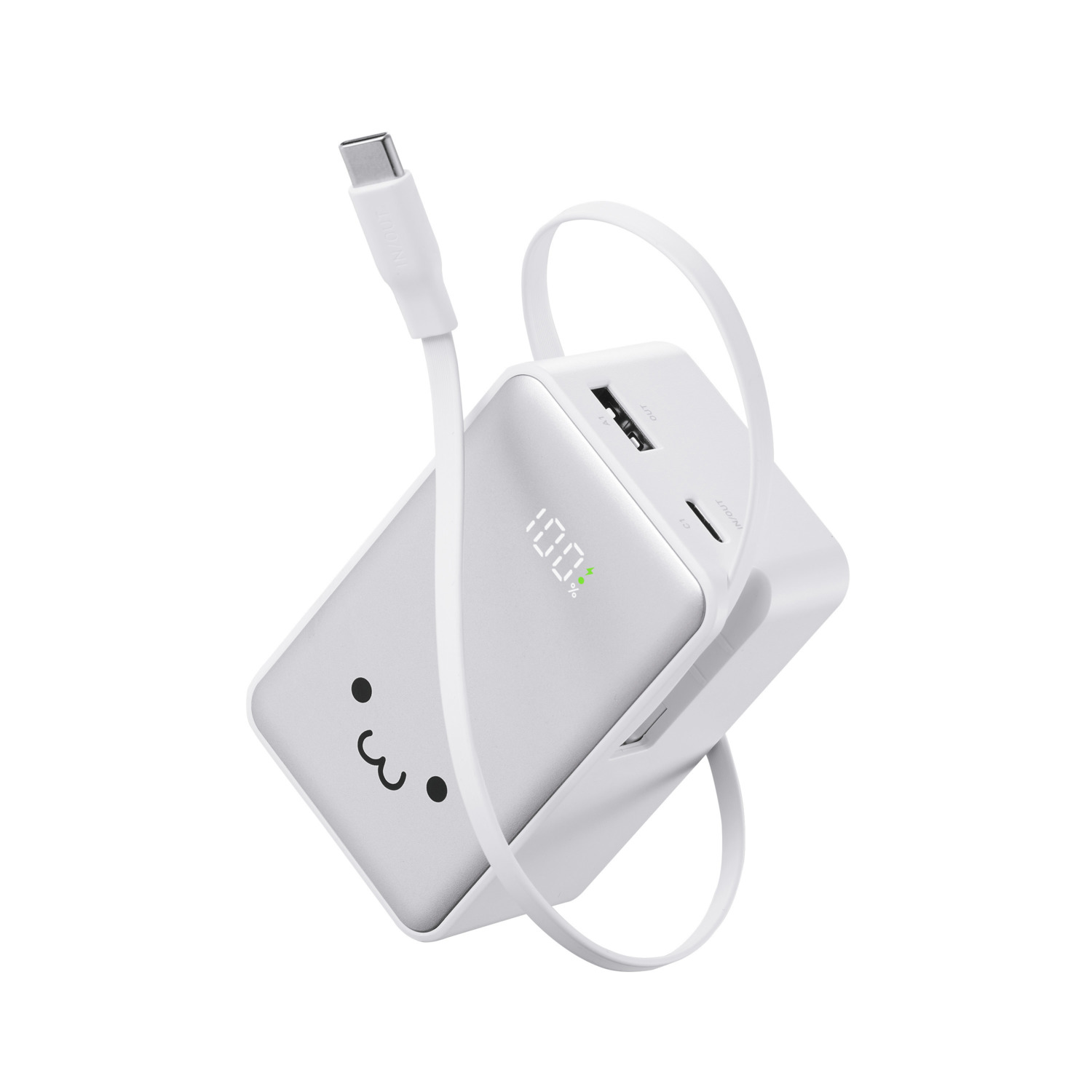 巻き取り式USBケーブル一体型の1万mAhモバイルバッテリー エレコムでおなじみの「しろちゃん」バージョンも