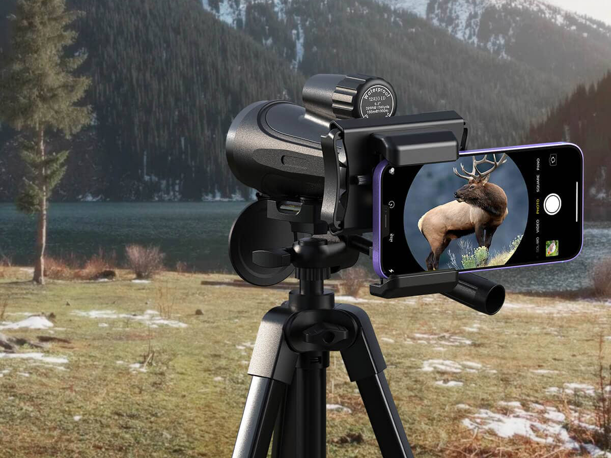 フィールドスコープにスマホを装着するアダプター　ズーム／テレコンバージョンレンズも