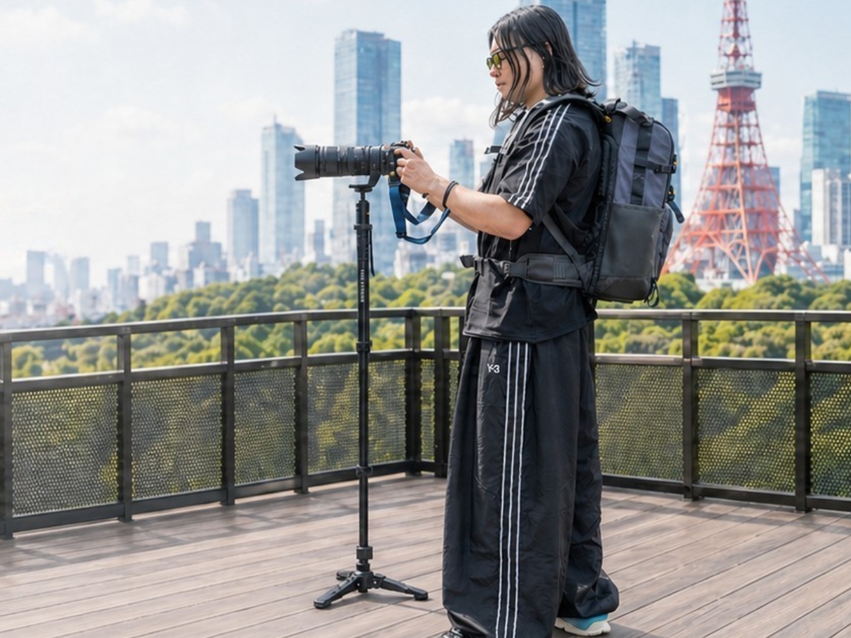 折りたたみ式「三脚ベース」付きのVANGUARDアルミ一脚　ベースを軸にチルトと回転も可能　脚径23mmと26mm