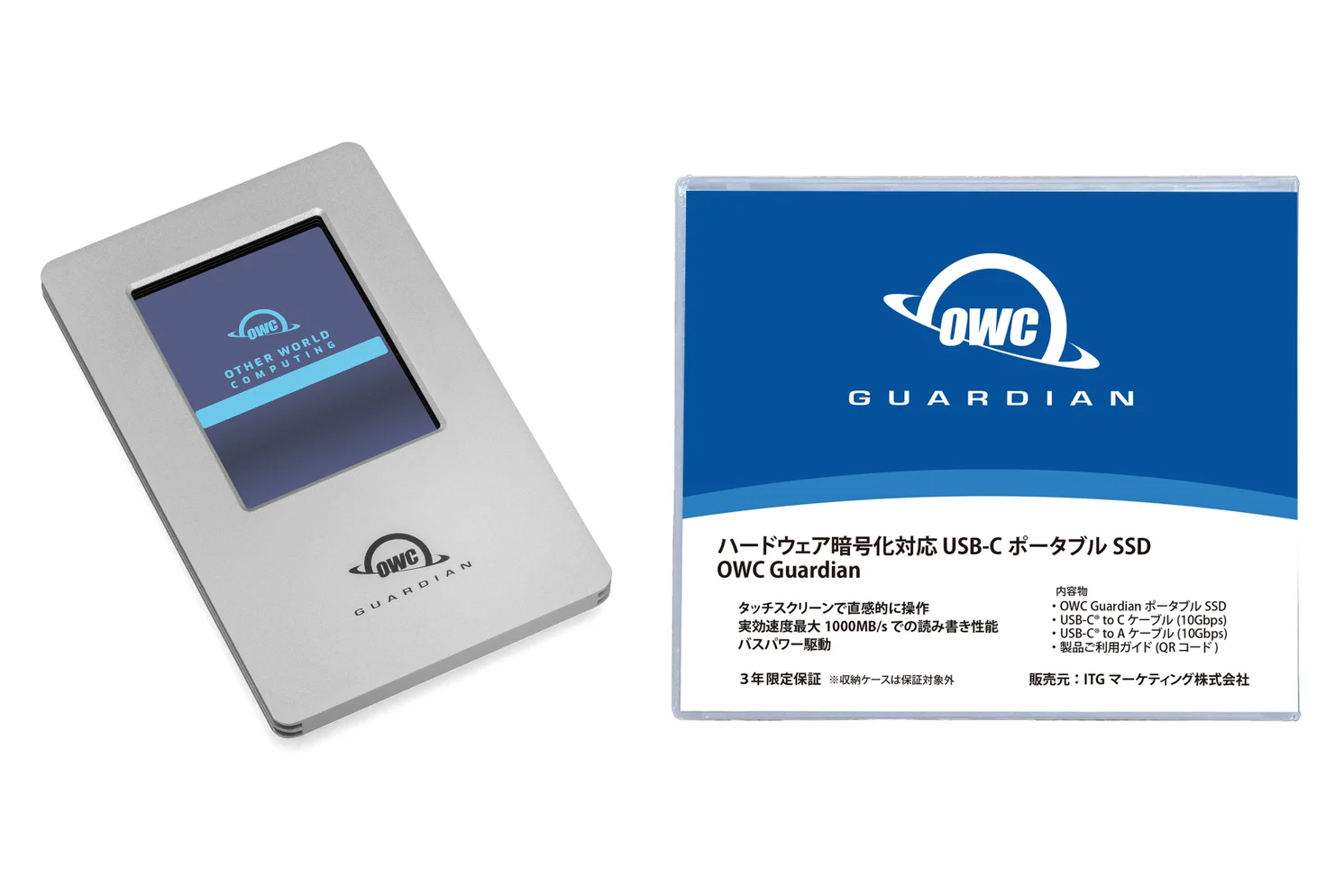 タッチスクリーン＆ハードウェア暗号化に対応したポータブルSSD「OWC Guardian」　本体のみでパスワード入力・ロック解除が可能